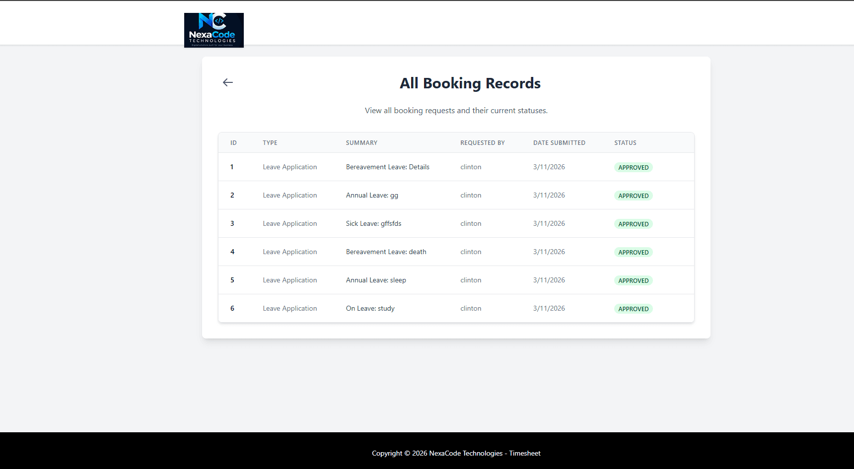 Booking records management screen